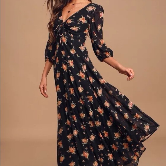 Free People Women's size 0 Black Sea Glass Floral Maxi Dress Lined Boho Flowy - Picture 1 of 16